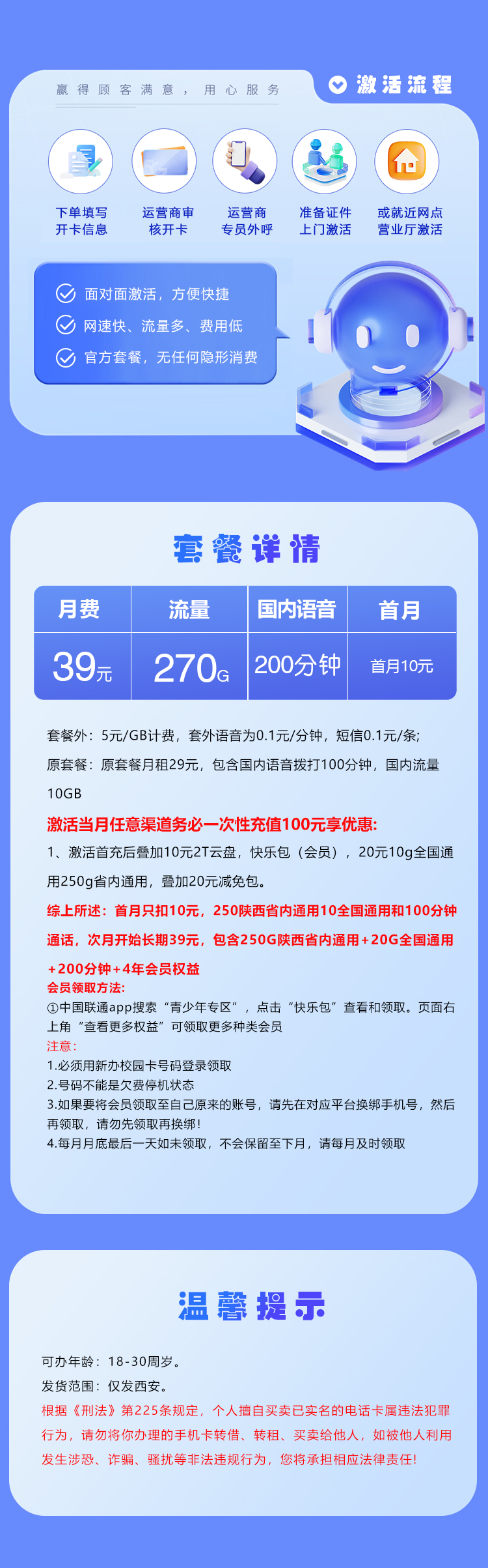 西安联通专享卡39元270G+200分钟+会员