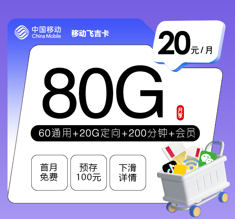 移动飞吉卡20元80G+200分钟+会员