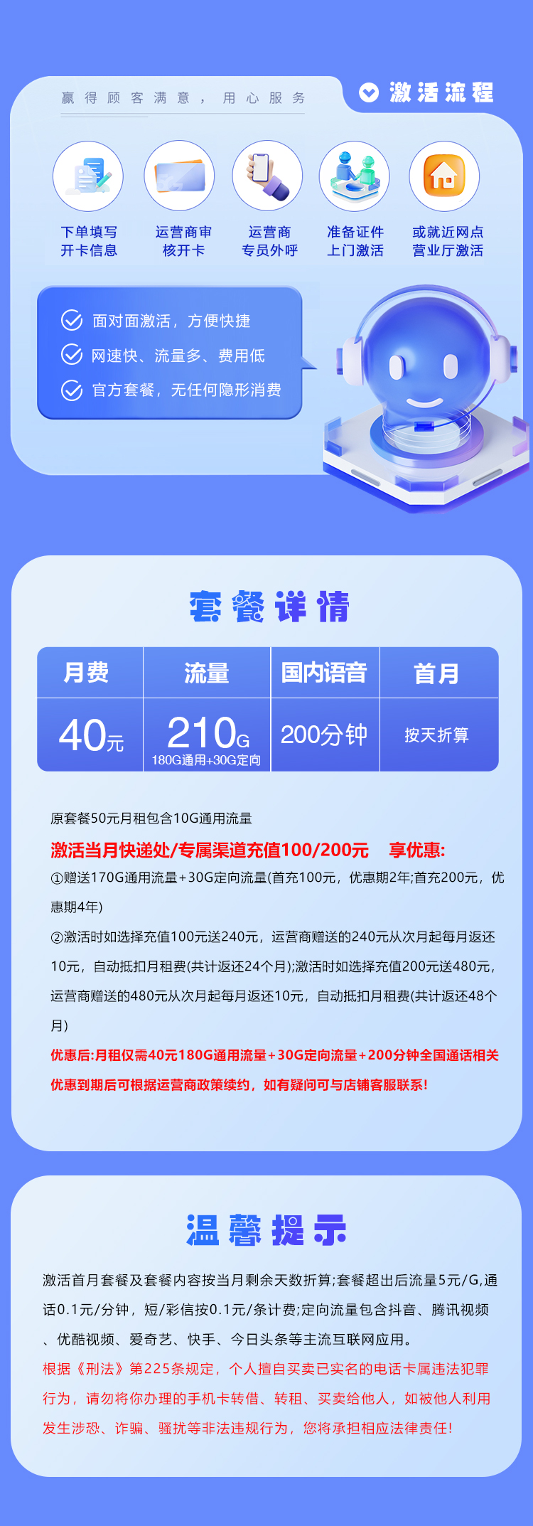 广东电信省内专属卡40元210G+200分钟