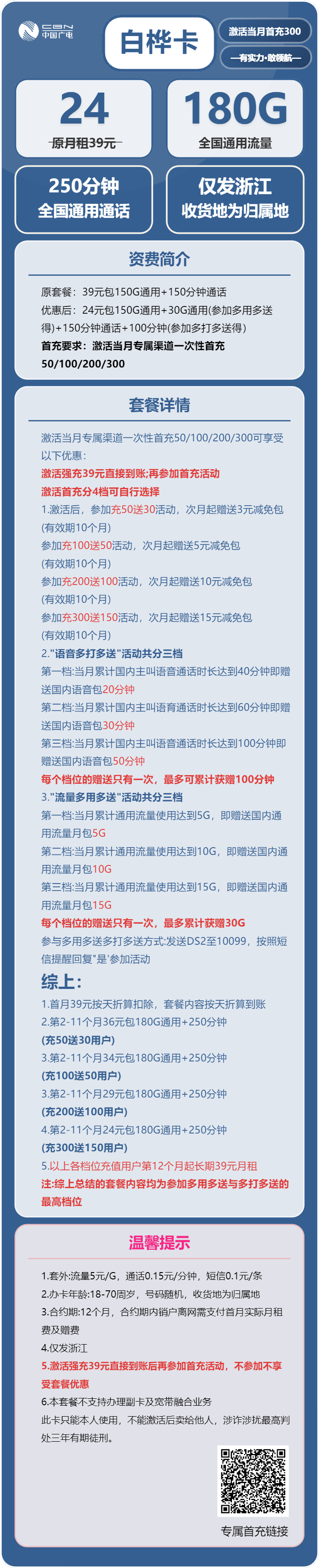 广电白桦卡24元包180G通用+250分钟通话