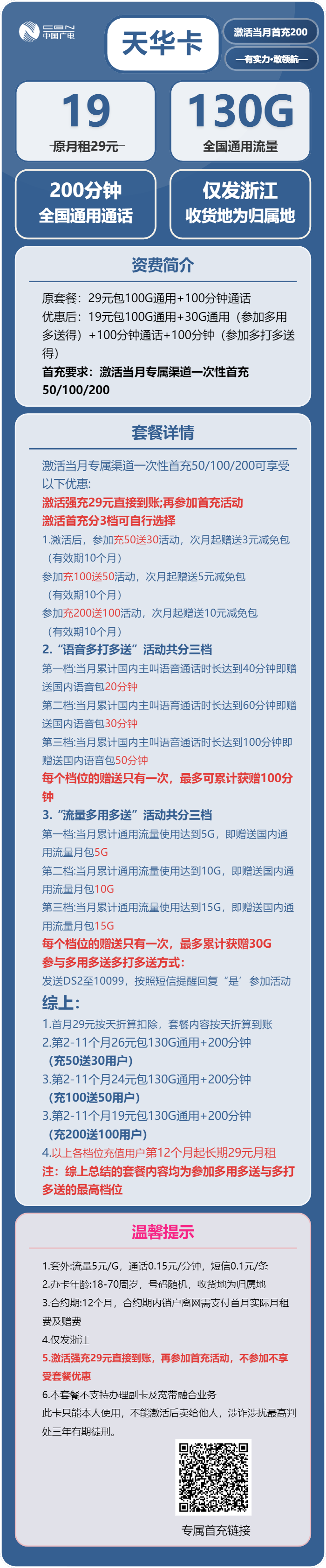 广电天华卡19元包130G通用+200分钟通话