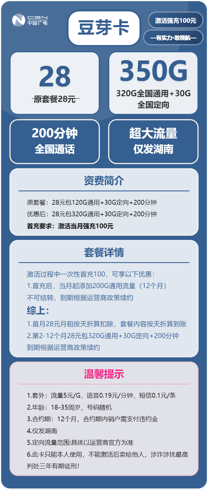 广电豆芽卡28元包320G通用+30G定向+200分钟通话