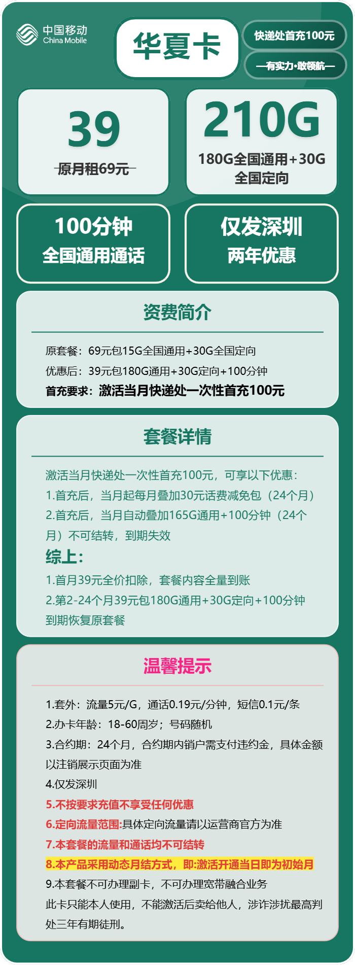 移动华夏卡39元包180G通用+30G定向+100分钟通话