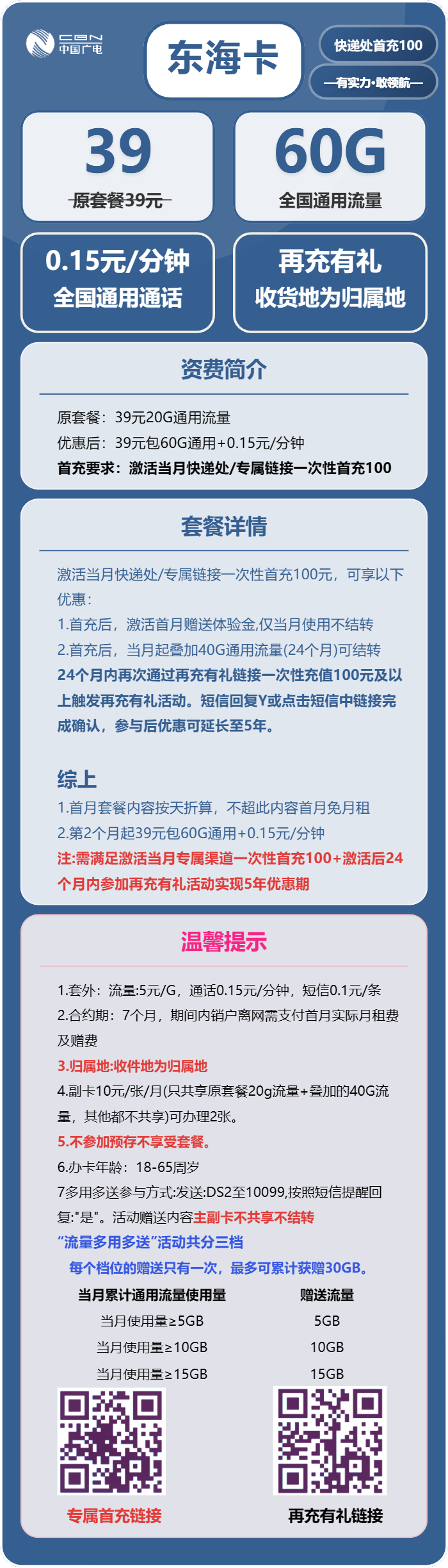 广电东海卡39元包60G通用+通话0.15/分钟