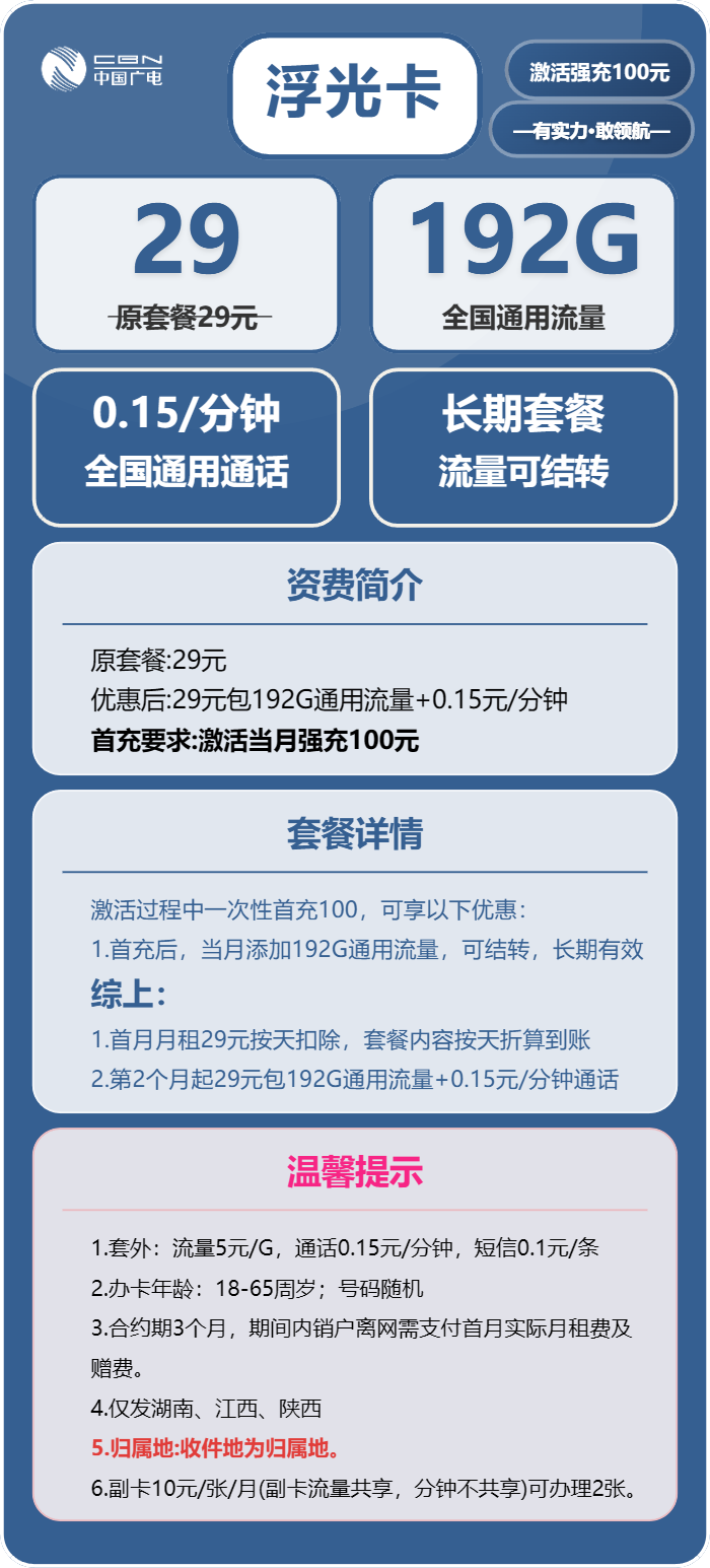 广电浮光卡29元包192G通用+通话0.15元/分钟