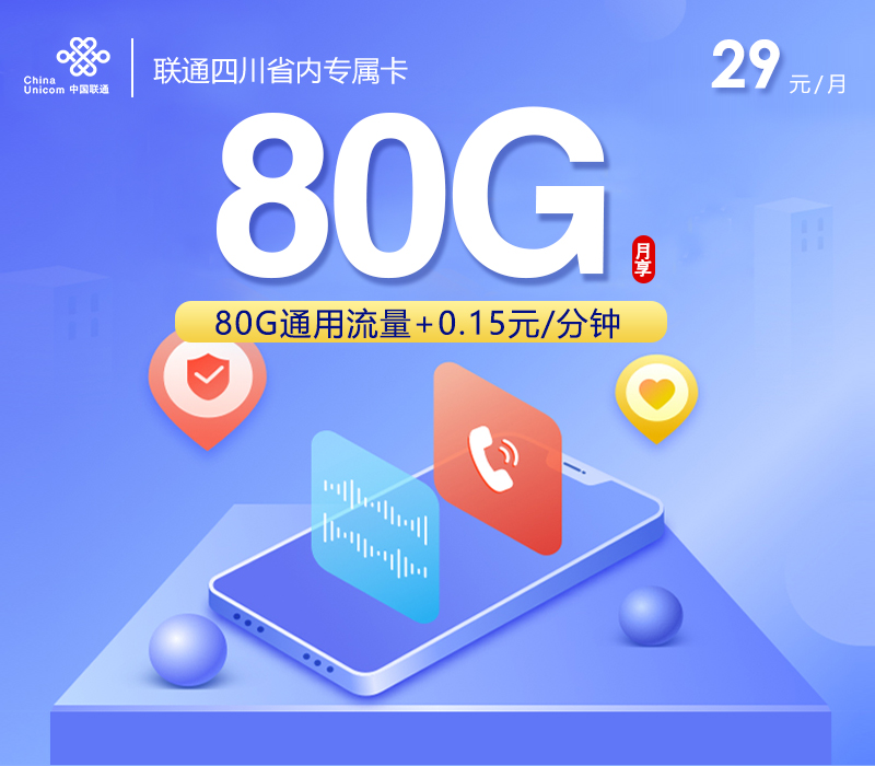 联通四川省内专属卡29元80G通用