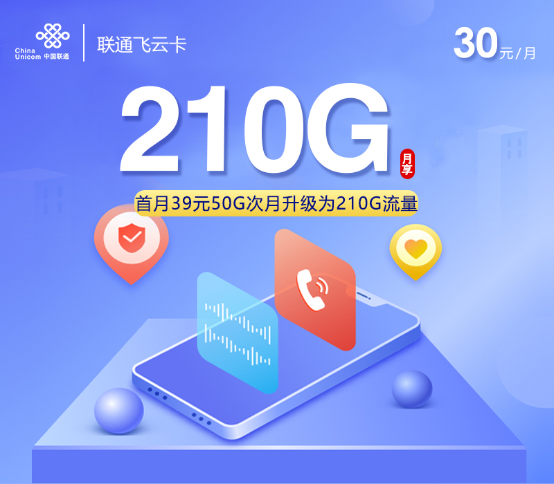 联通飞云卡30元210G+100分钟+会员仅发贵州