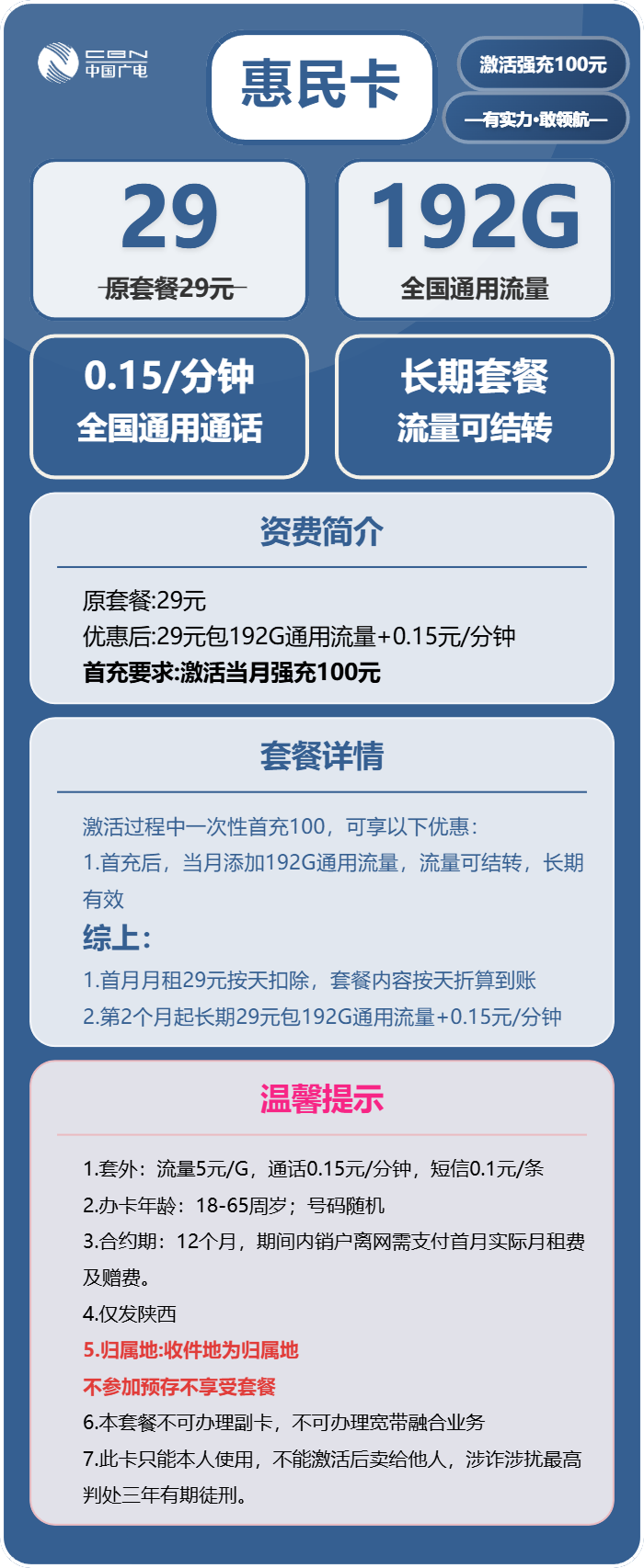 广电惠民卡29元包192G通用+通话0.15元/分钟