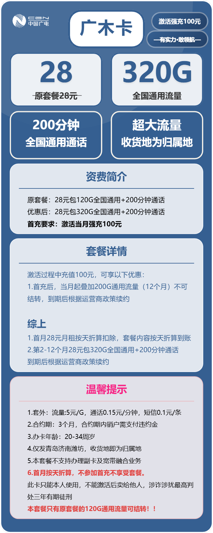 广电广木卡28元包320G通用+200分钟通话