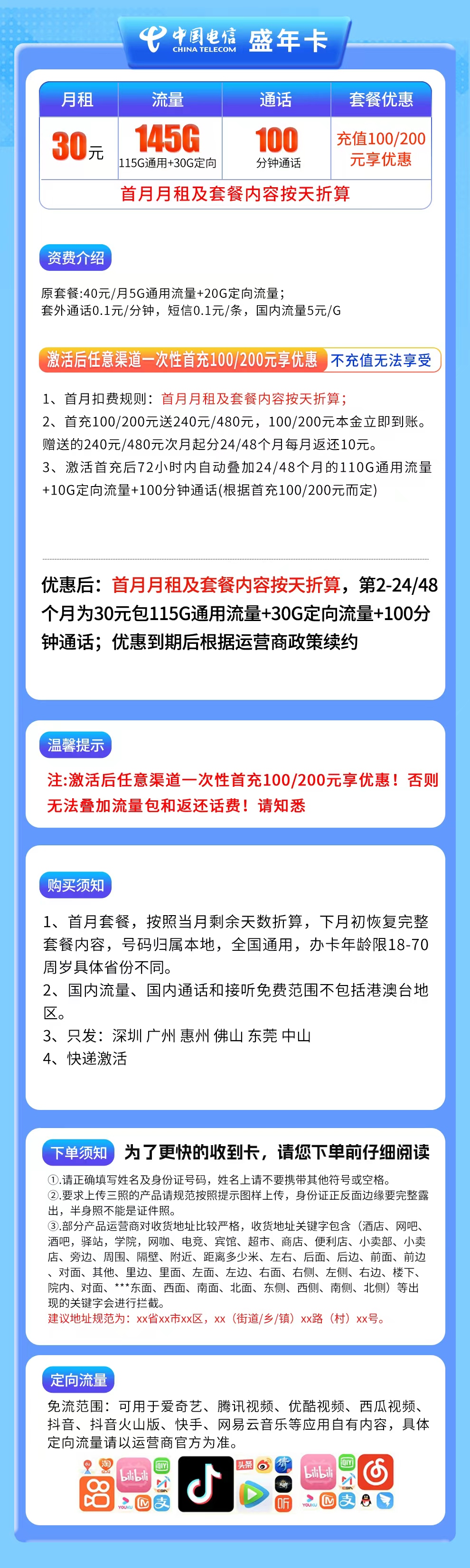 G2电信盛年卡30元145G+100分钟【只发广东6市】