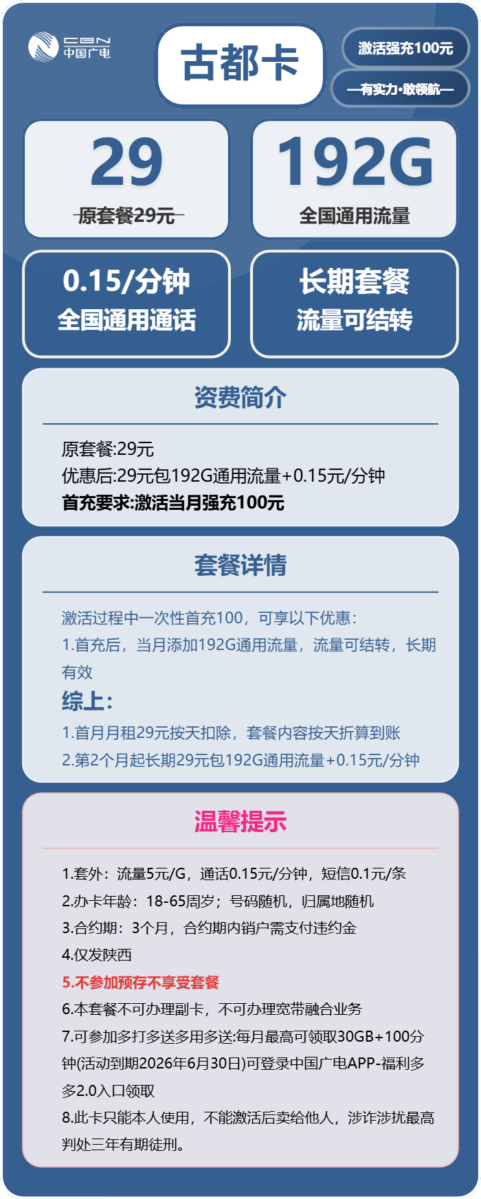 广电古都卡29元包192G通用+通话0.15元/分钟
