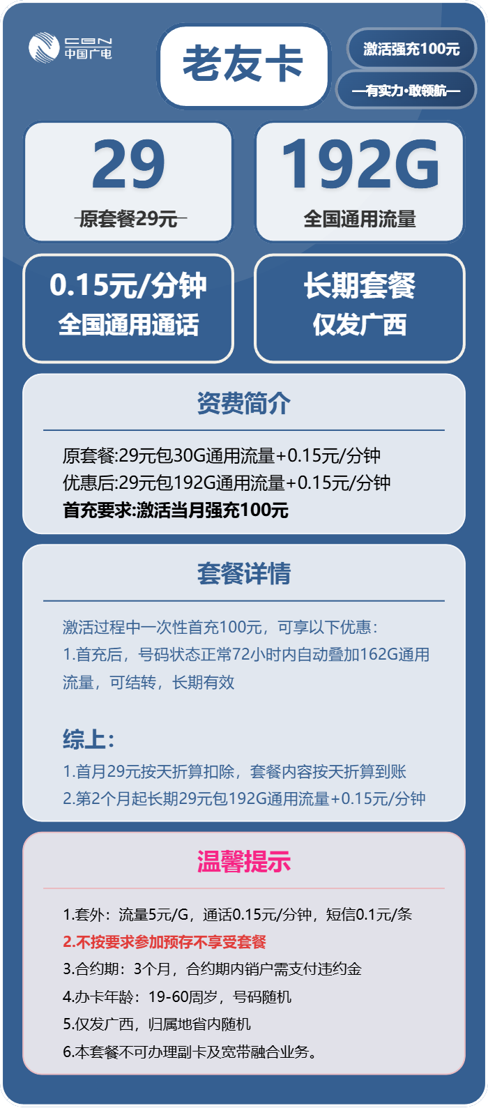 广电老友卡29元包192G通用+通话0.15元/分钟