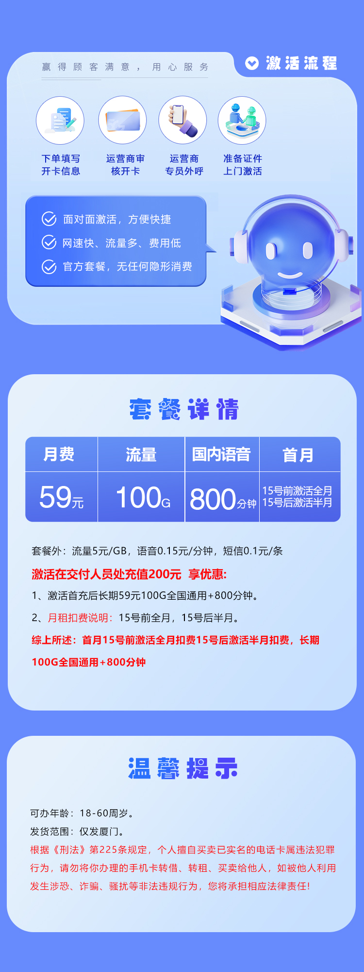 厦门联通专享卡59元100G+800分钟