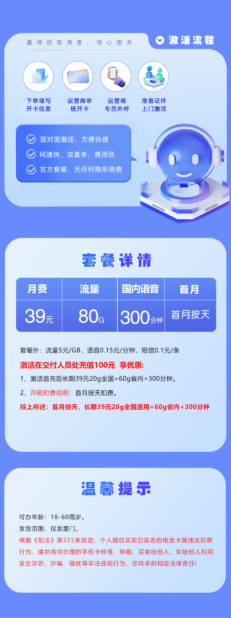 厦门电信专享卡39元80G+300分钟