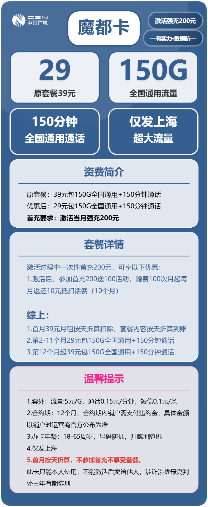 广电魔都卡29元包150G通用+150分钟通话