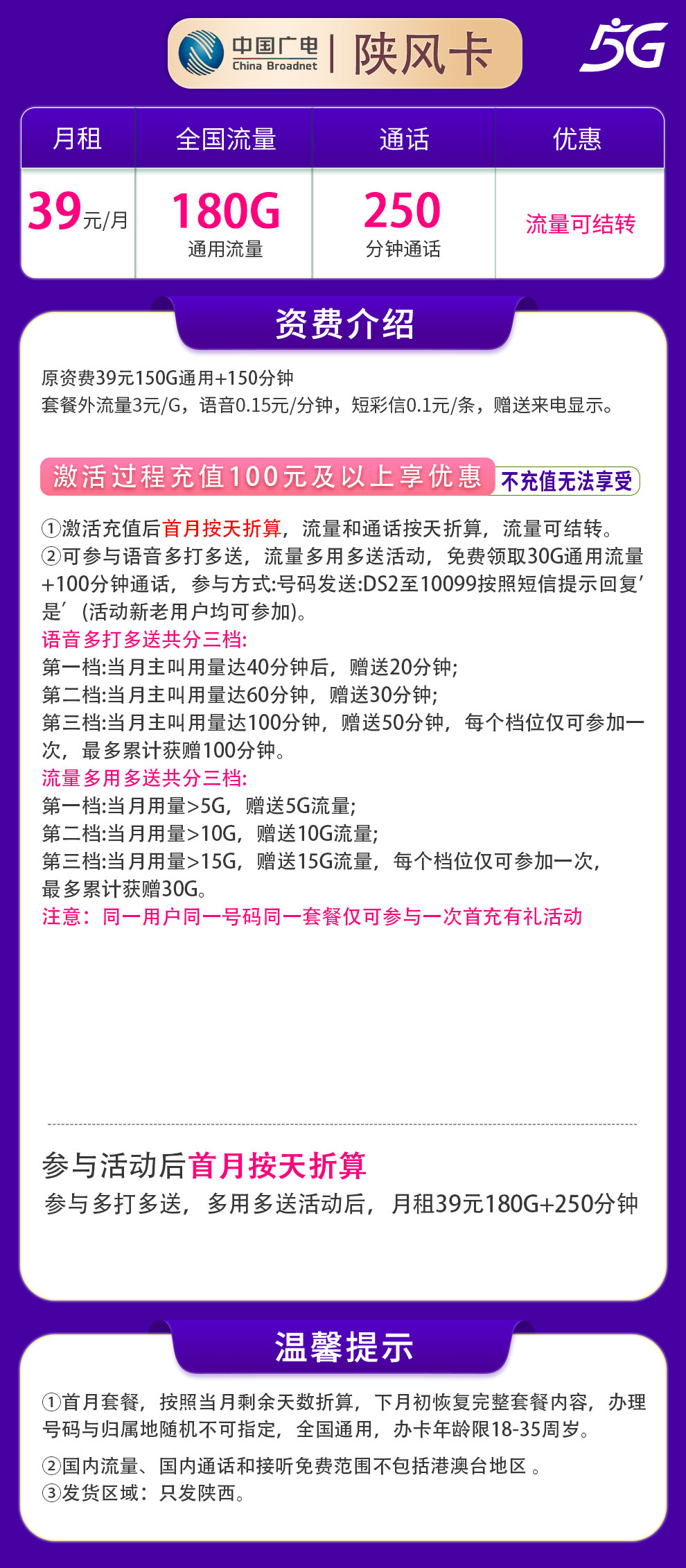 广电陕风卡39元180G+250分钟【只发陕西】