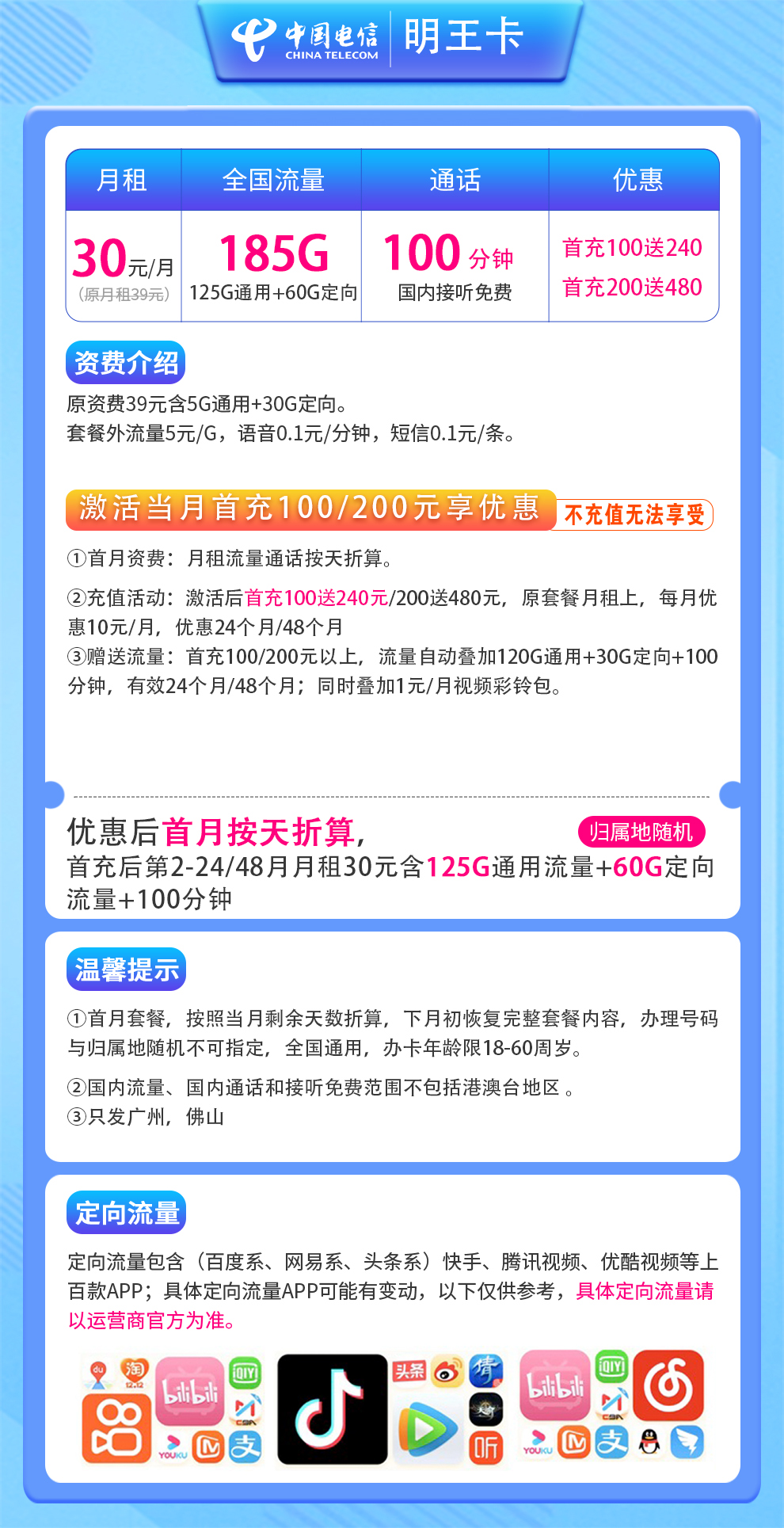 电信明王卡29元185G+100分钟【只发广州佛山】