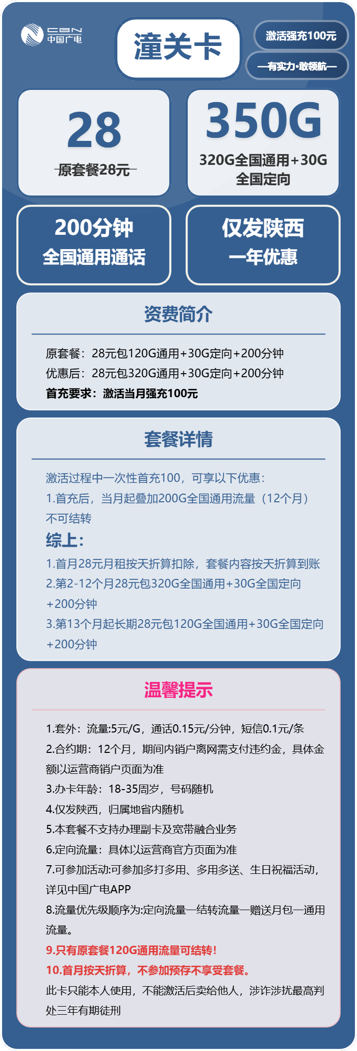 广电潼关卡28元包320G通用+30G定向+200分钟通话