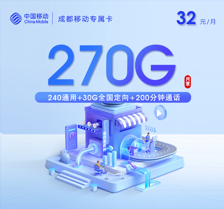 成都移动专属卡32元270G+200分钟+会员