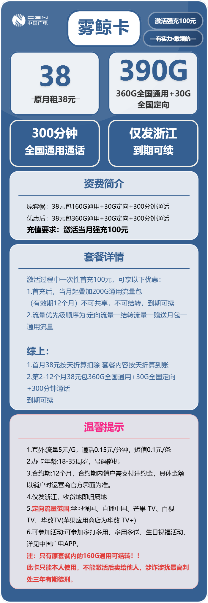 广电雾鲸卡38元包360G通用+30G定向+300分钟通话