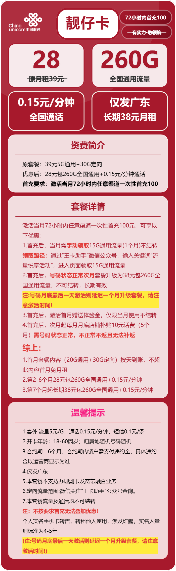联通靓仔卡28元包260G通用+通话0.15元/分钟