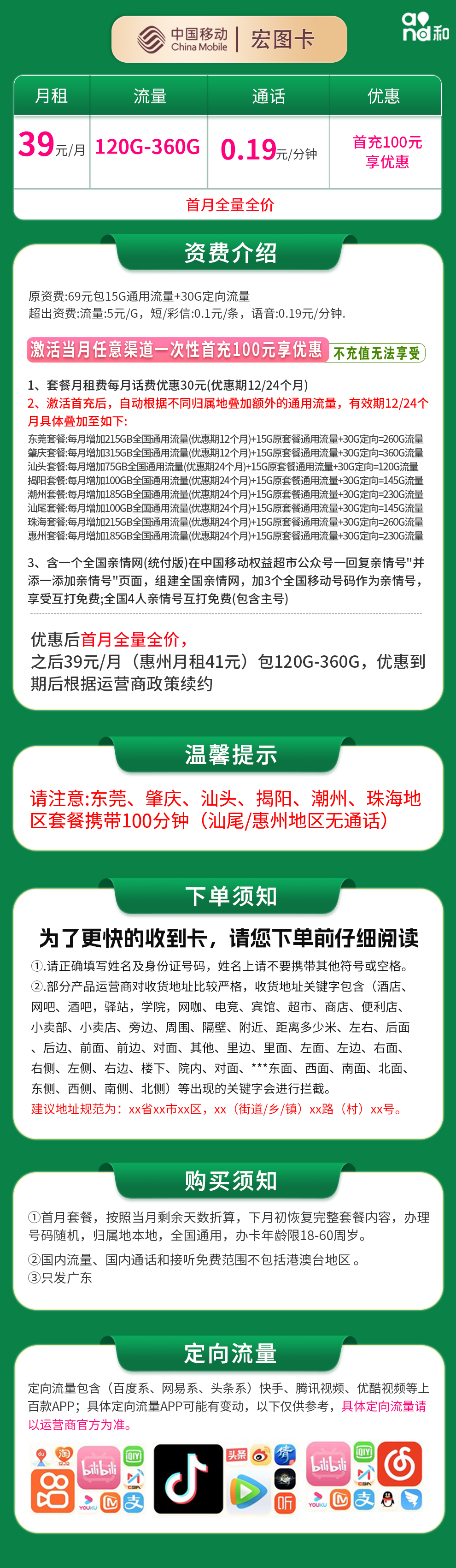 移动宏图卡39元120--360G【只发广东8市】