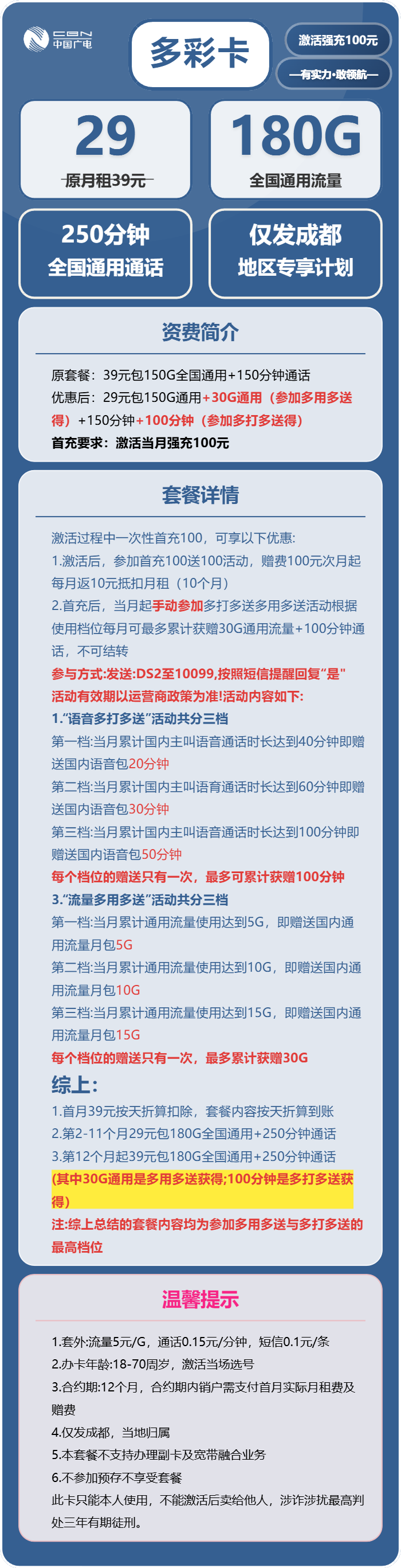 广电多彩卡29元包180G通用+250分钟通话