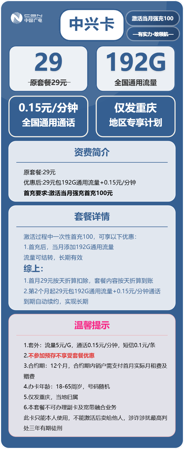 广电中兴卡29元包192G通用+通话0.15元/分钟