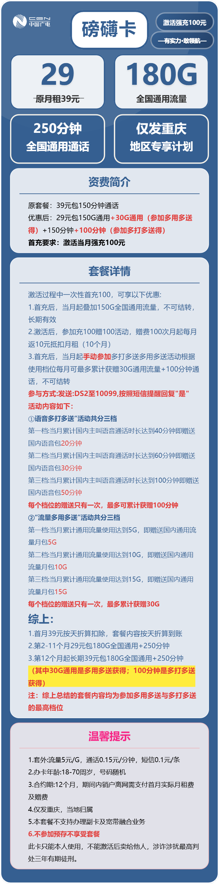 广电磅礴卡29元包180G通用+250分钟通话