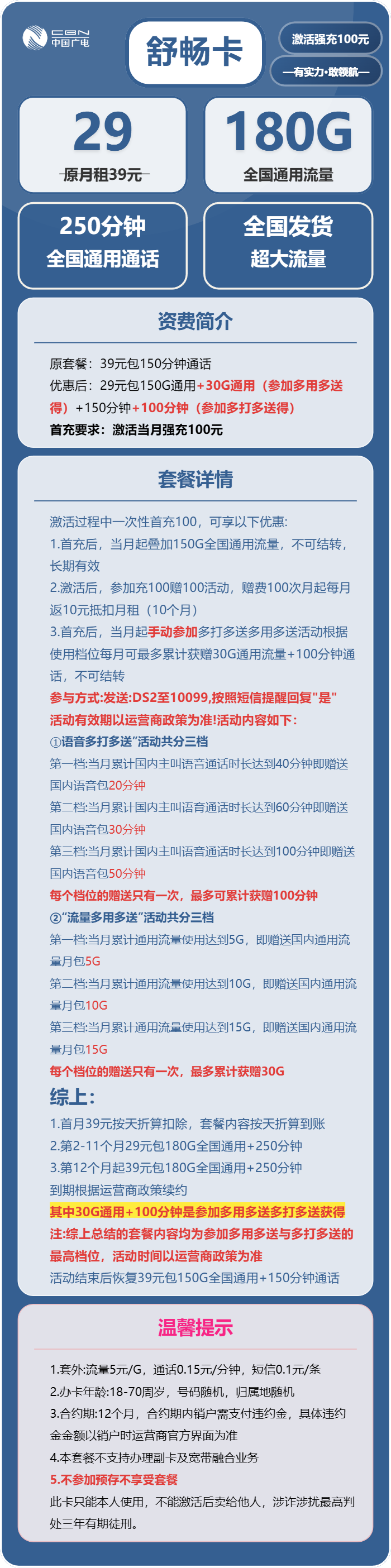 广电舒畅卡29元包180G通用+250分钟通话