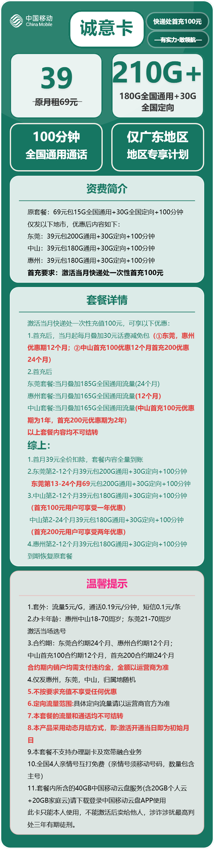 移动诚意卡39元包180G通用+30G定向+100分钟