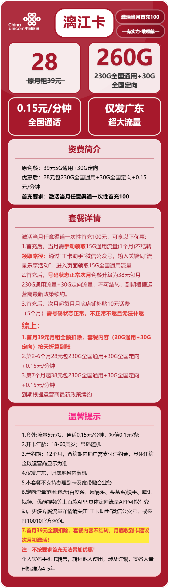 联通漓江卡28元包230G通用+30G定向+通话0.15元/分钟