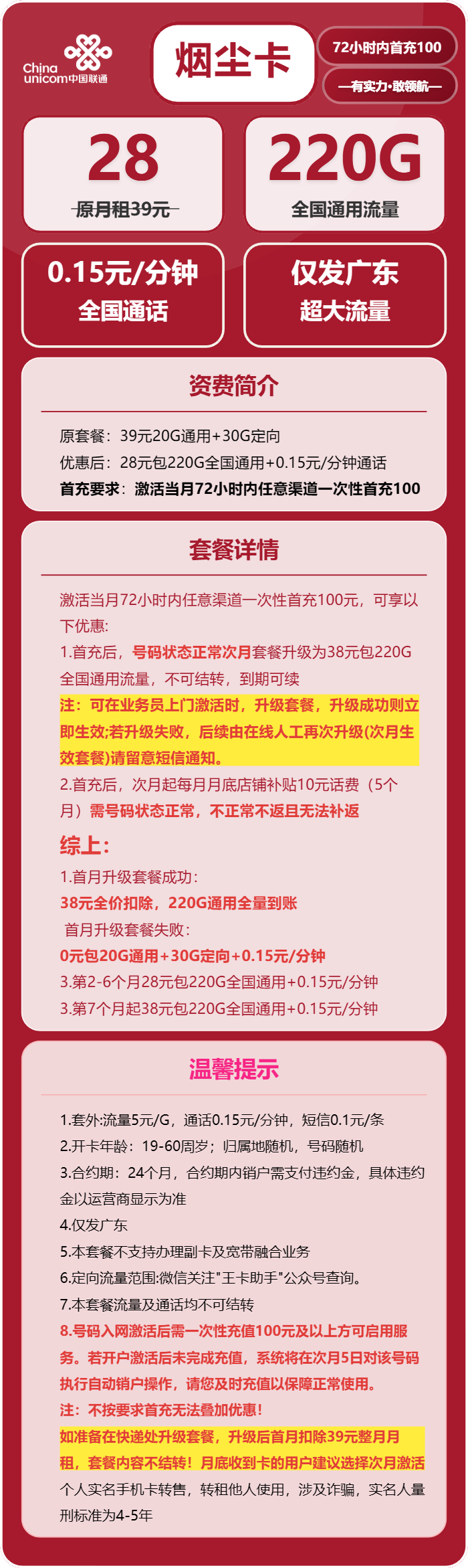 联通烟尘卡28元包220G通用+通话0.15元/分钟