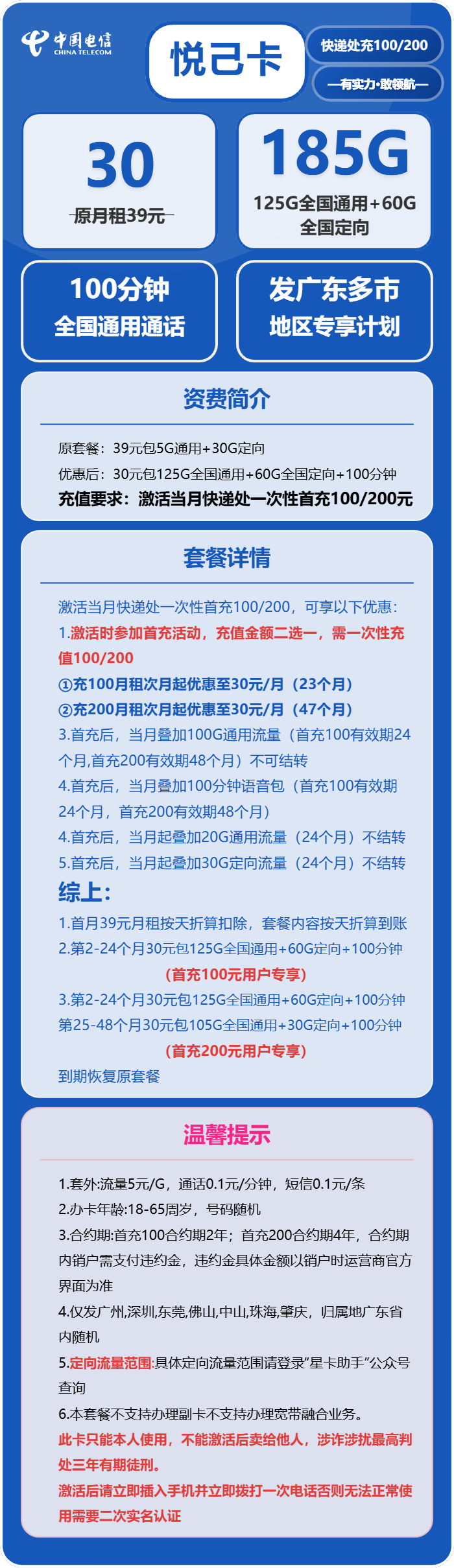 电信悦己卡30元包125G通用+60G定向+100分钟通话