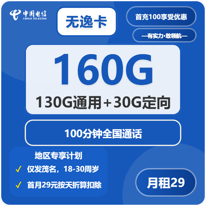 电信无逸卡29元包130G通用+30G定向+100分钟通话