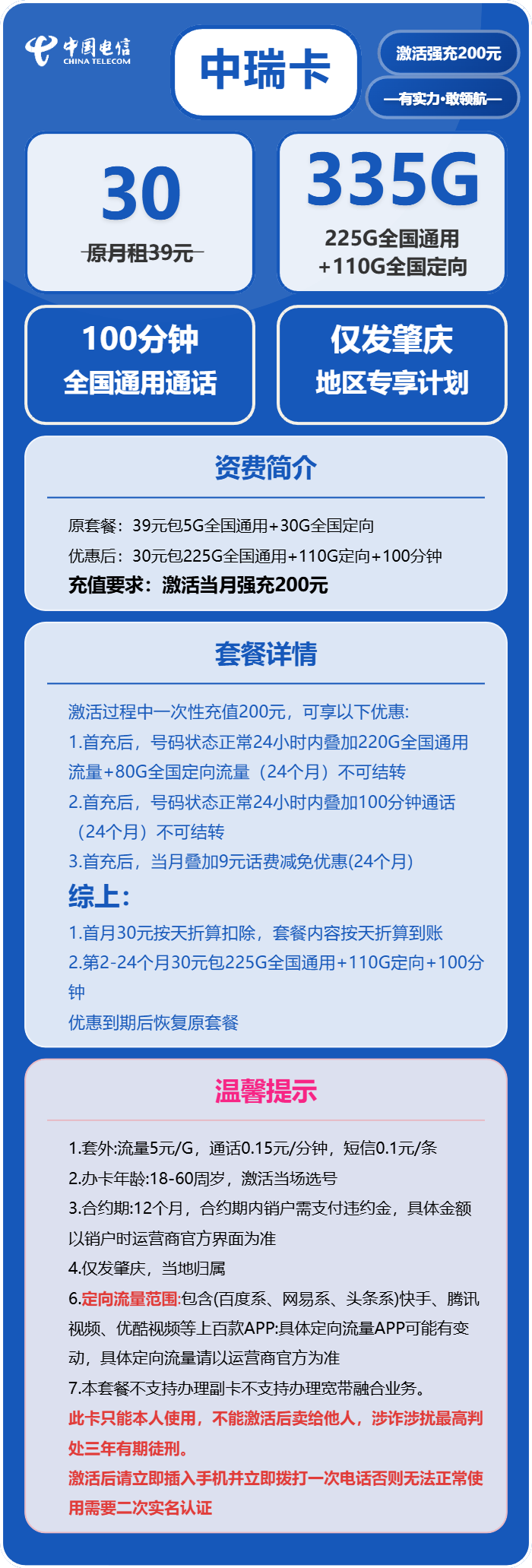 电信中瑞卡30元包225G通用+110G定向+100分钟通话