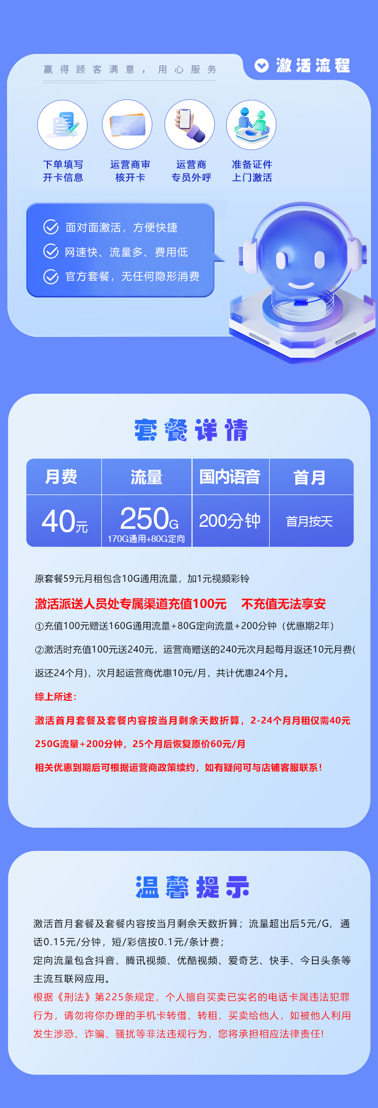 电信飞研卡40元250G+200分钟