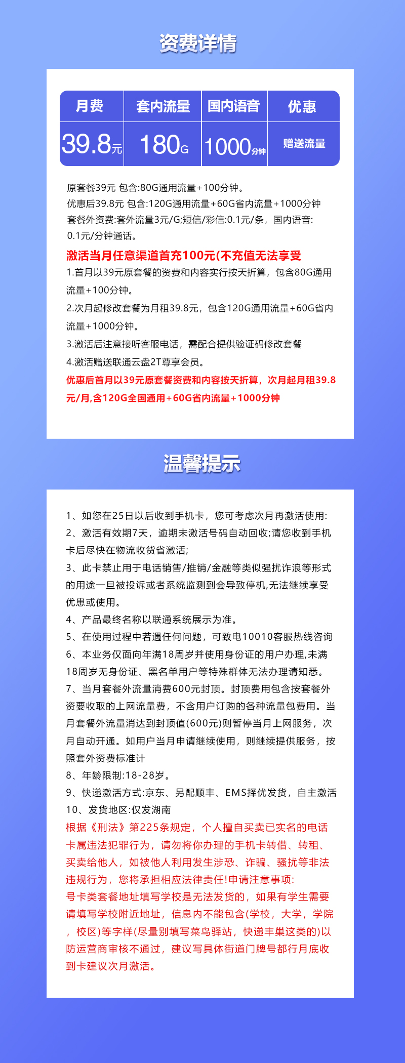 湖南联通专享卡39.8元180G+1000分钟
