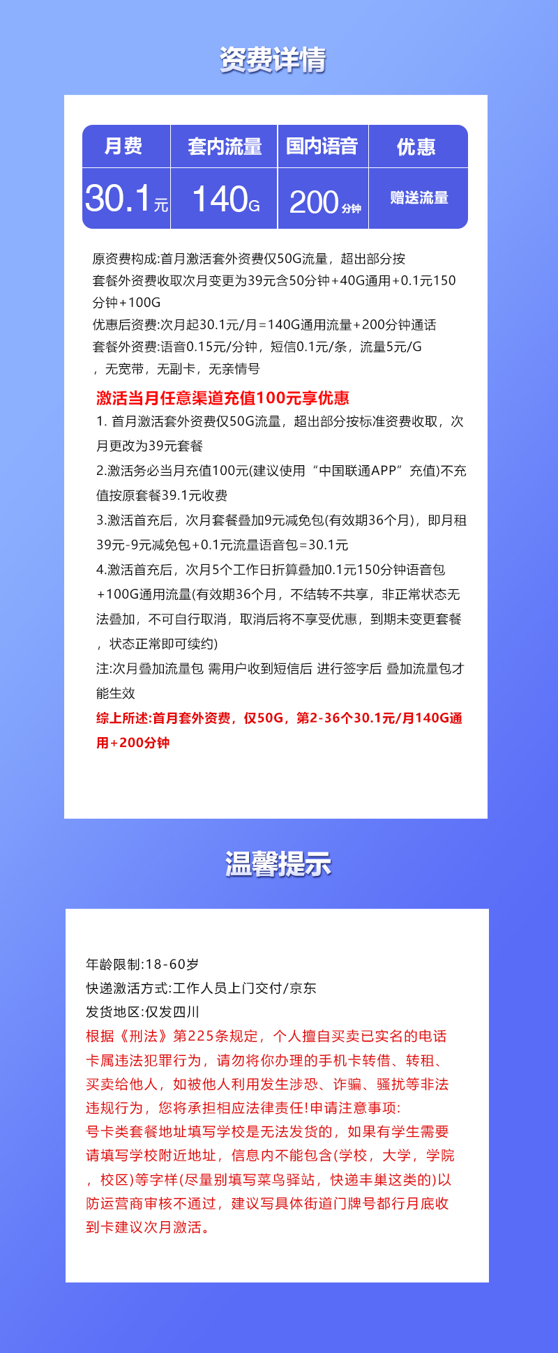 四川联通省内卡30.1元140G通用+200分钟