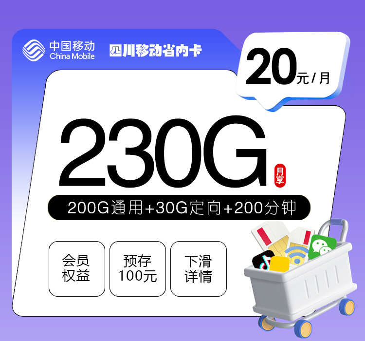 四川移动省内卡20元230G+200分钟+会员