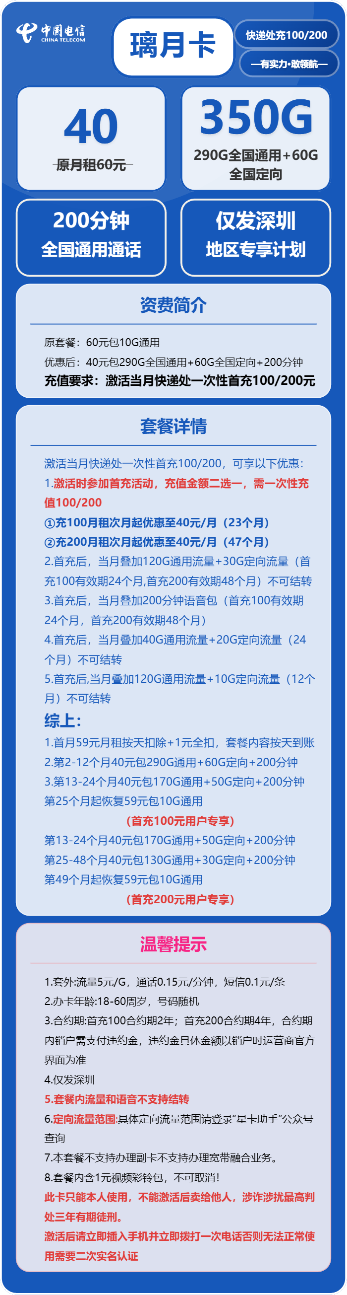 电信璃月卡40元包290G通用+60G定向+200分钟