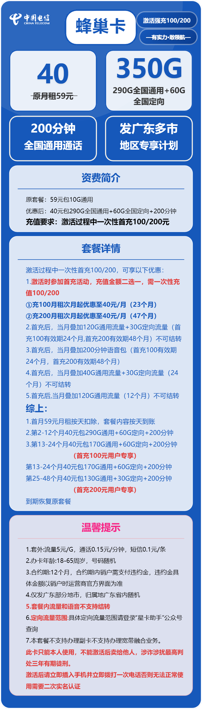电信蜂巢卡50元包290G通用+60G定向+200分钟通话