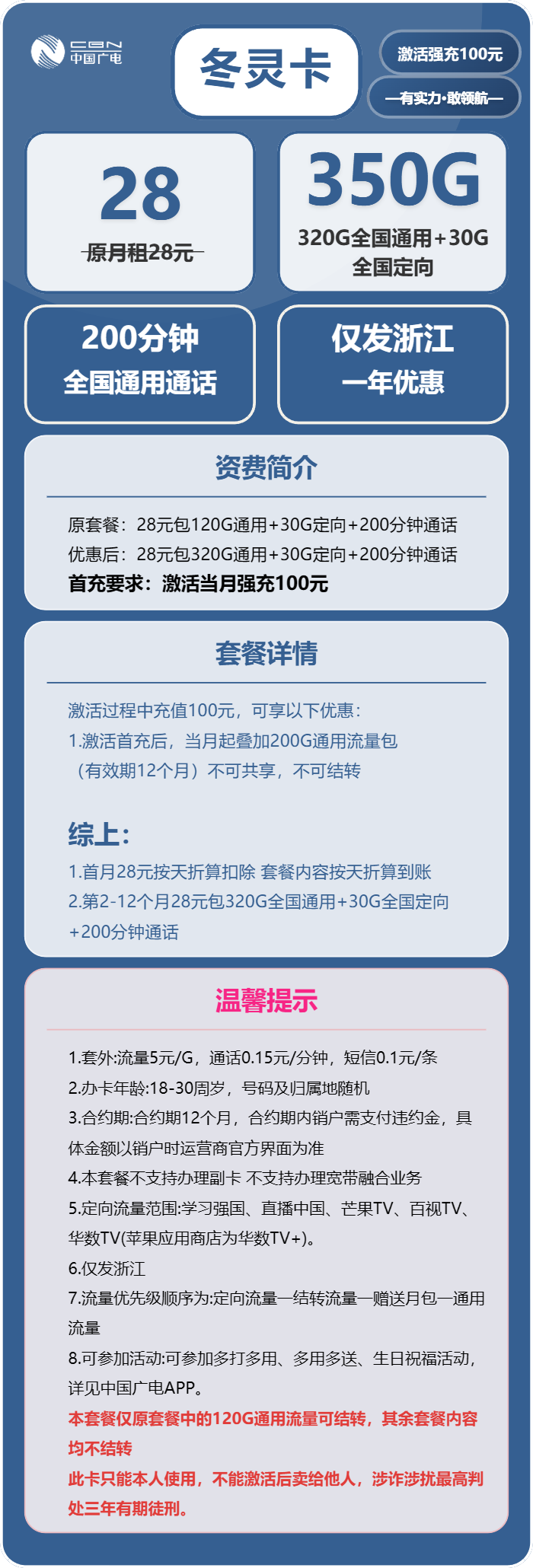 广电冬灵卡28元包320G通用+30G定向+200分钟通话