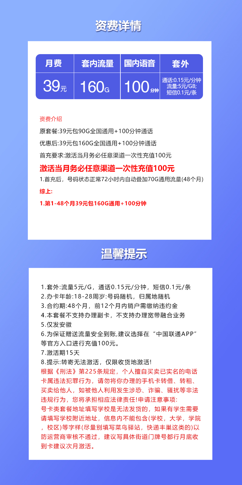 安徽联通省内专属卡39元160G+100分钟