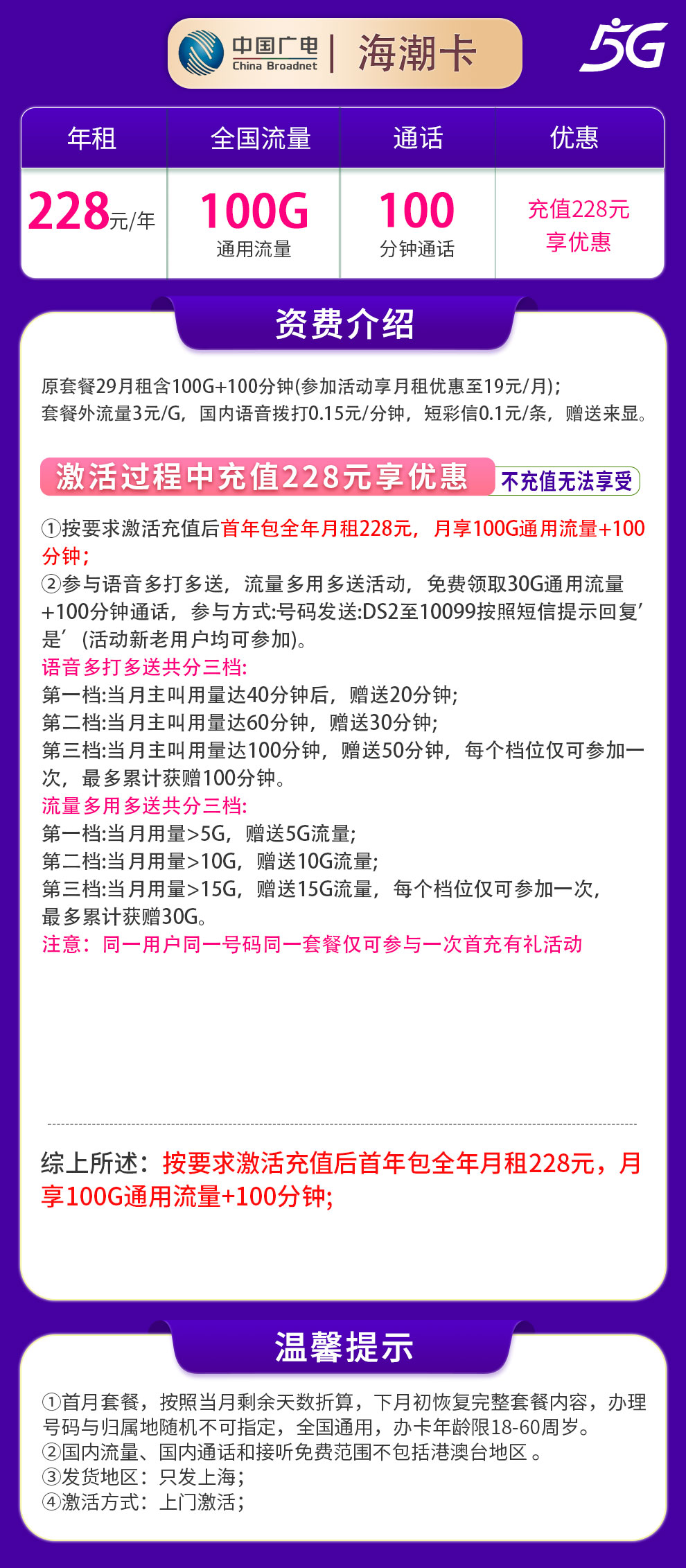 广电海潮卡228元包年100G+100分钟【只发上海】