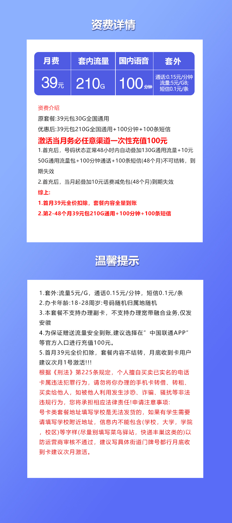 安徽联通省内卡39元210G+100分钟