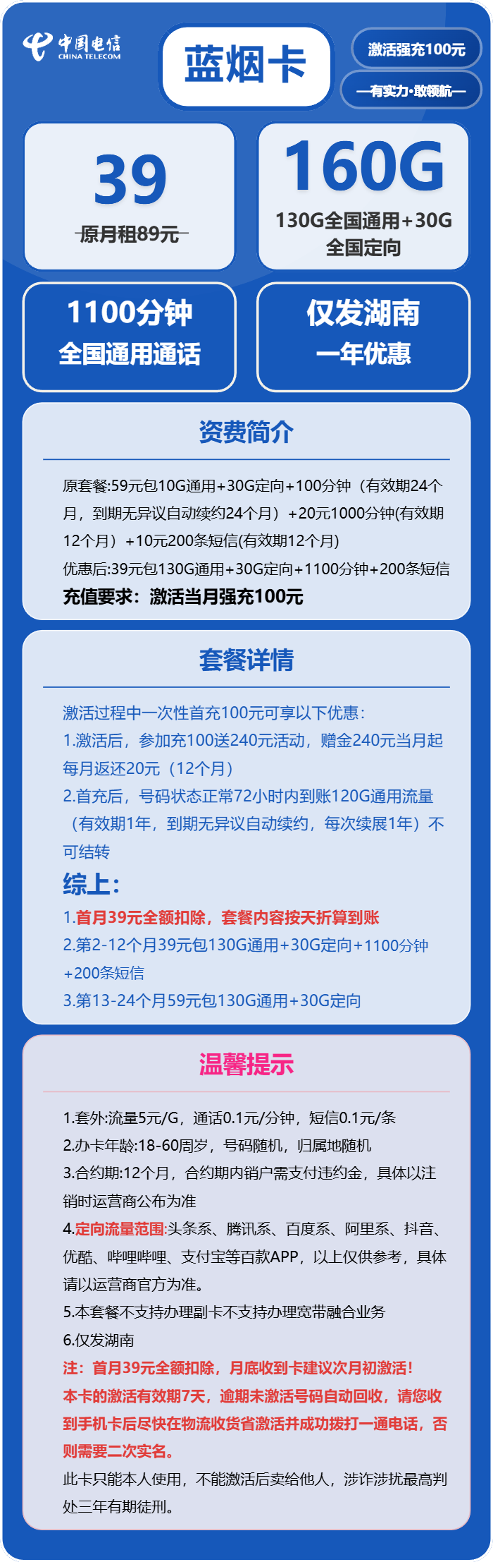 电信蓝烟卡39元包130G通用+30G定向+1100分钟通话