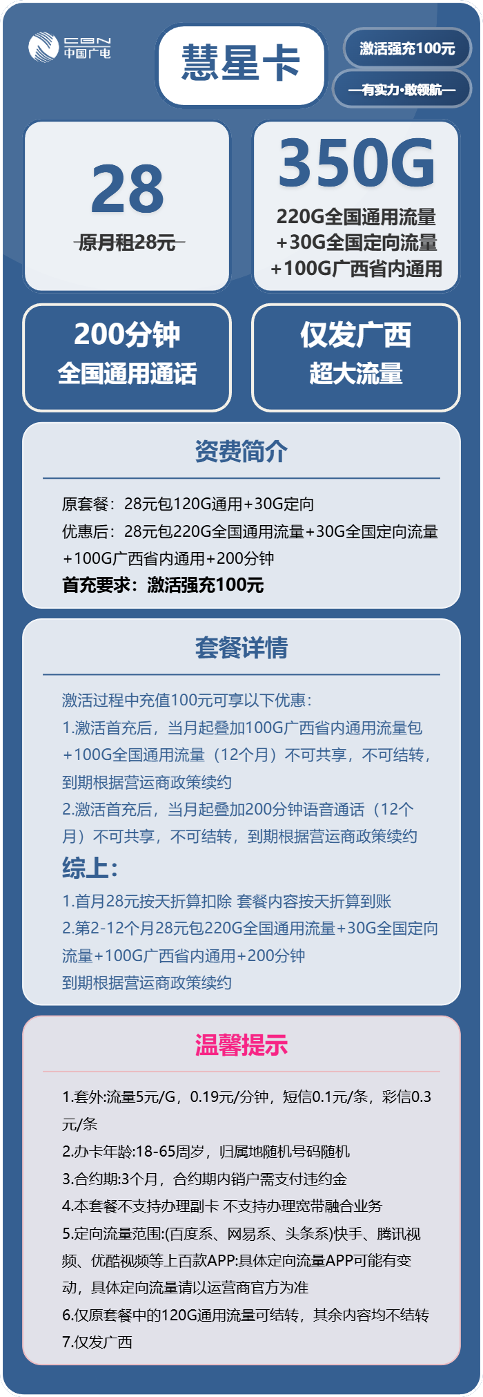 广电彗星卡28元包320G通用+30G定向+200分钟通话