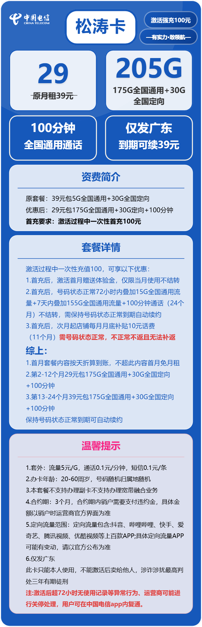 电信松涛卡29元包175G通用+30G定向+100分钟通话
