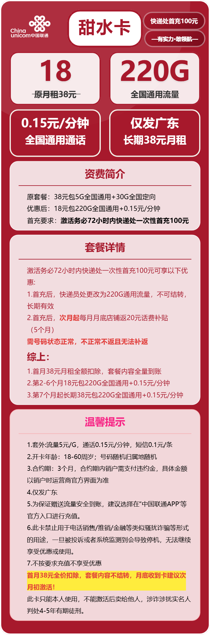 联通甜水卡18元包220G通用+通话0.15元/分钟